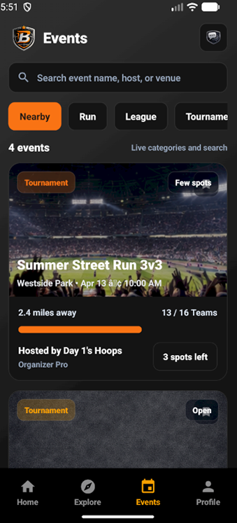Ballin' Grounds court check-in screen